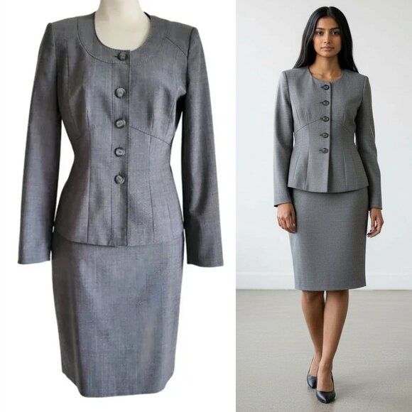 Anne Klein Round Neckline 5 Button Gray Lightweight Wool Blend Skirt Suit Size 2 - Picture 1 of 16